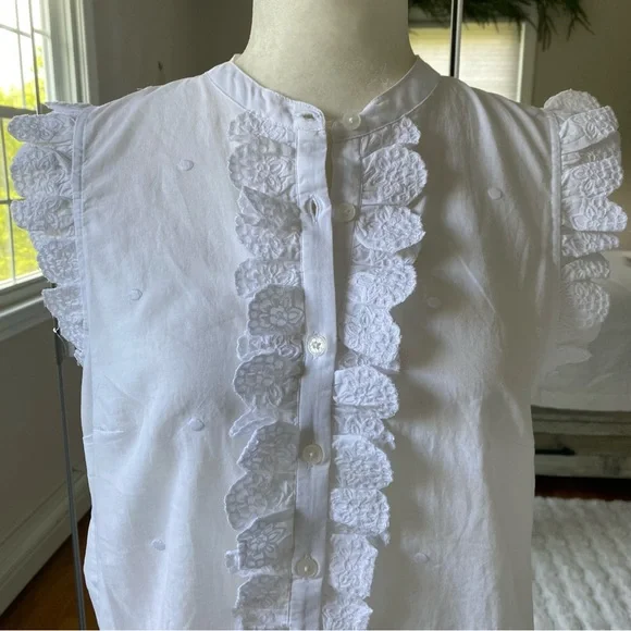 Boden Sleeveless Embroidered Shirt White Ruffle Button Down Cotton US 8 NWT - Picture 5 of 9